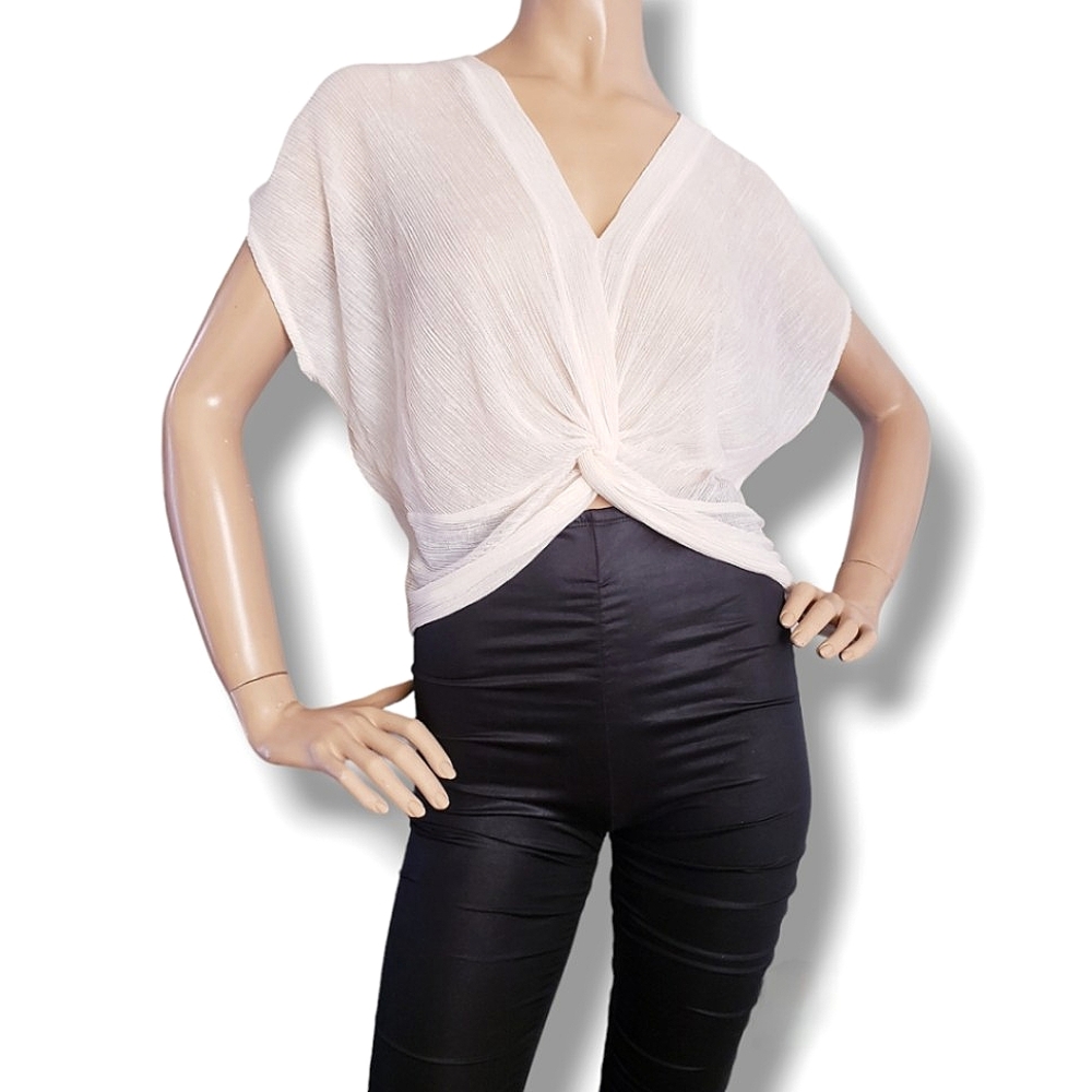 3ena Off White Crinkled Chiffon Front Knot Blouse